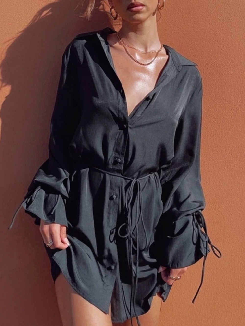 Princess Polly Black Mini Dress long sleeves with Tie Waist